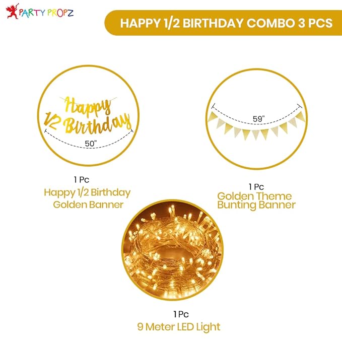 Party Propz Half Birthday Decorations For Baby Combo - 3Pcs Items Set With Led Fairy Light For 6M Birthday Decorations For Boy - 1/2 Birthday Decorations For Boys - Half Bday Banner,Half Way To One