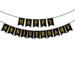 Party Propz Happy Anniversary Banner - Anniversary Decoration Items Kit - Black Colour - Home Bedroom Decorations Set - 1st 10th 25th 50th Wedding Anniversary Decor - Marriage Anniversary Banner