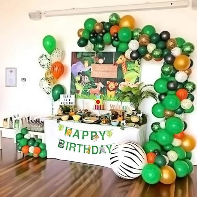 Party Propz Jungle Theme Birthday Decoration-49Pcs,Jungle Safari Theme Birthday Decoration Items For Boy|Jungle Theme Cake Topper,Tattoo,Banner(Cardstock)|Animal Foil,Metallic Balloons For Decoration