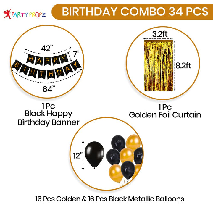 Party Propz Happy Birthday Decoration Items - Pack of 34, Birthday Decorations Kit | Black and Gold Balloons for Birthday Decoration | Birthday Decorations for Husband | Birthday Decoration for Adults