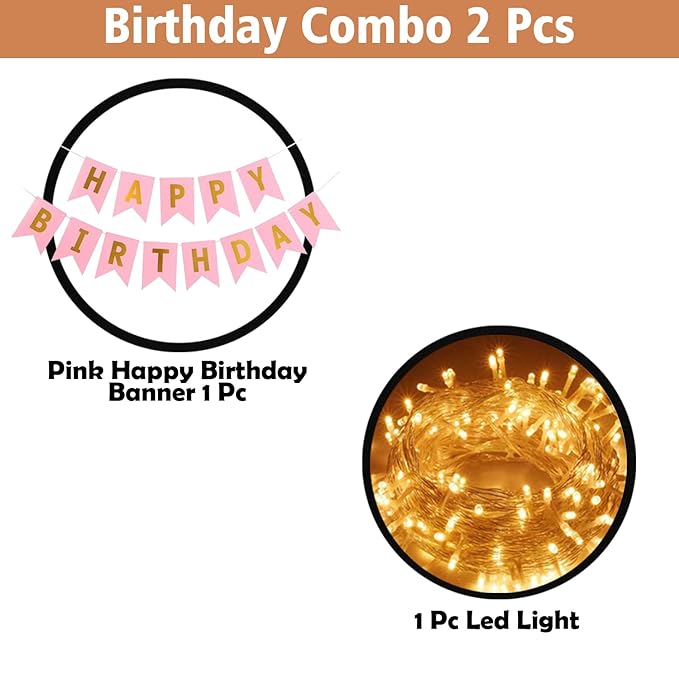 Party Propz Pink Happy Birthday Paper Banner With Led Light Decoration Items For Girls,Kids Bday Decorations Kit/Birtday Supplies/Lights Combo Pack Set/ Princess, First, 2nd, Cake Smash Theme