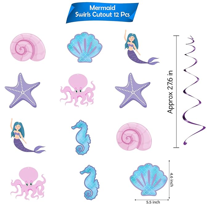 Party Propz Mermaid Theme Swirls - 12 Pcs, Ceiling Hanging Decoration | Swirls For Birthday Decoration | Wall Decoration | Mermaid Theme Birthday Decorations | Birthday Decoration Items (Cardstock)