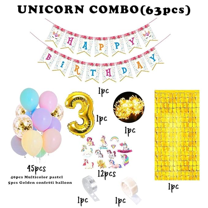 Party Propz Unicorn Theme 3rd Birthday Decorations - 63Pcs, 3 Years Birthday Decorations for Baby Girl | 3rd Birthday Decorations | Birthday Decorations kit for Girls | Baby Birthday Decoration Items