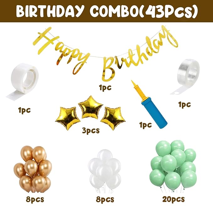 Party Propz Green Birthday Decoration Kit - 43 Pcs Set, Birthday Decoration Items For Boy, Girl | Happy Birthday Banner(Cardstock) | Green Metallic Balloons | Arch Strip, Balloon Pump For Decoration