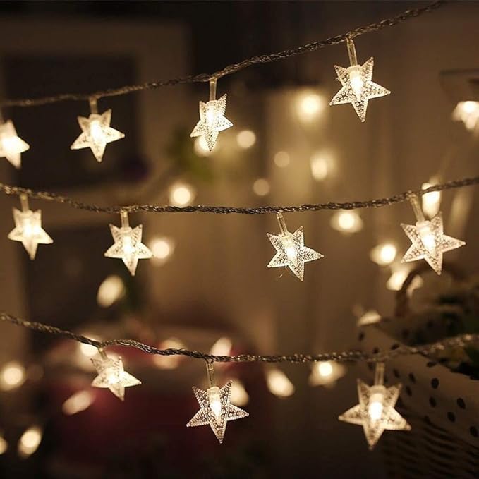Party Propz Battery Powered Star Lights 10Pcs Decoration Items For Birthday,Indoor, Outdoor,Diwali, Navratri, Wedding, Christmas Tree, Wall, Garden Decorations, Warm, LED, 15 Meters, White