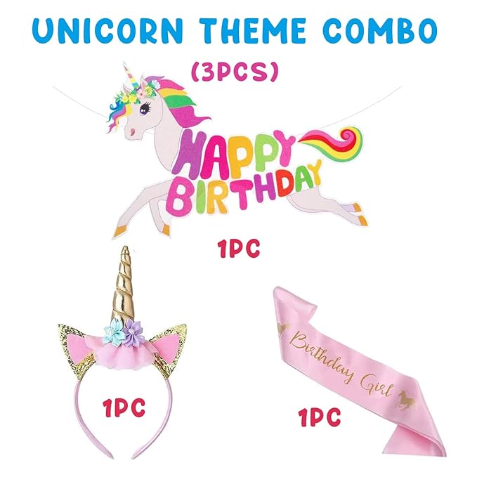 Party Propz Unicorn Birthday Girl Set - 3 Pcs Unicorn Hair Band For Girls | Unicorn Happy Birthday Banner(Cardstock) | Satin Sash For Baby Girls Birthday Unicorn Theme Decorations | Unicorn Headband