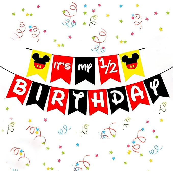 Party Propz Half Birthday Banner- Mickey Birthday Decoration Items | Its My Half Birthday Decorations | Red and Black Birthday Decoration | Happy 6 Months Birthday decorations | Happy Birthday Banner (Cardstocks)