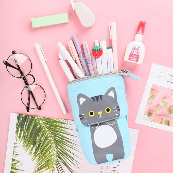 Party Propz Cute Cat Pencil Pouch for Boys -Blue Telescopic Stationery Pouch for Girls | Aesthetic Pencil Case for College Students | School Pouch for Boys Stylish Korean Bag | Japanese Stationery