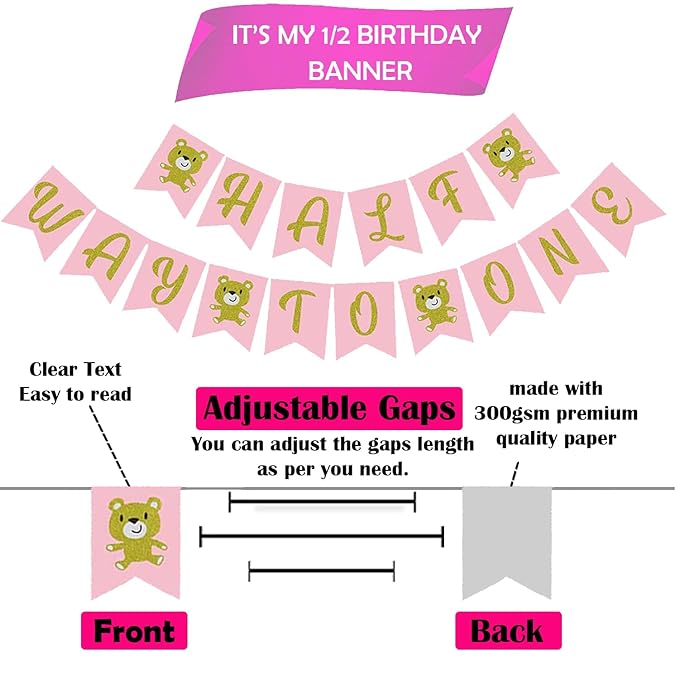 Party Propz Half Way To One Banner - Half Birthday Banner (Cardstock) | Half Birthday Decorations for Baby Girl | 1/2 Birthday Decorations for Girls | 6 Month Birthday Decorations | Half Year Birthday