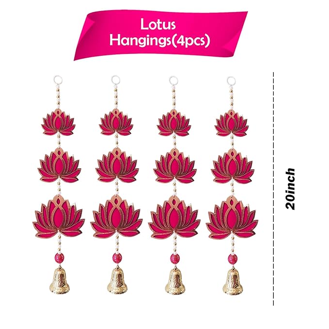 Party Propz Handmade Pink Lotus Hangings for Decoration - 4pcs, 20 Inch Each Hangings for Door Entrance | 3 Tier MDF Floral Wall Hangings with Decorative Bell | Door Hanging | Mandir Decoration Items