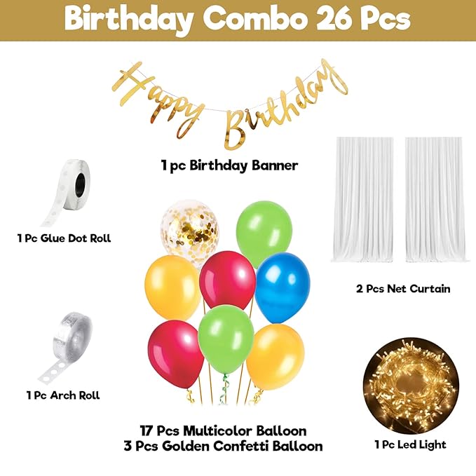 Party Propz Birthday Decoration Items-26Pcs|Cabana Tent Decoration Items For Girl|Boy With Net Curtain|Lights|Wife|Husband Birthday Decoration Items|Confetti|Multicolour Balloons For Decoration