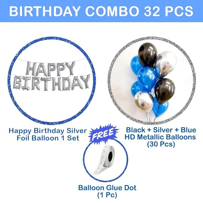 Party Propz Happy Birthday Decoration Kit 32Pcs Set for Husband Boys Kids Decorations Items Combo with Helium Letters Foil Balloon Banner (cardstock); Latex Metallic Balloons Decor