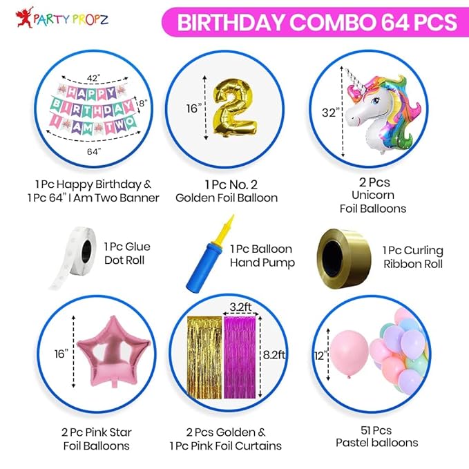 Party Propz Unicorn Decoration For Birthday Girls - Huge 64 Pcs, 2nd Birthday Decorations For Girls | Unicorn Set For Birthday | Pastel Balloons For Decoration | Birthday Decoration Kit | Foil Curtain