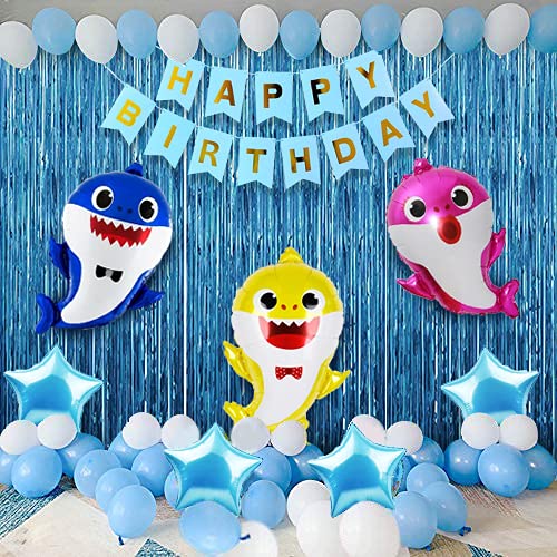 Party Propz Baby Shark Theme Birthday Decorations -72pcs Combo, Blue Happy Birthday Banner(cardstock) | Shark Theme Foil Balloons, Metallic Balloons, Foil Curtains | Baby Shark Birthday Decorations