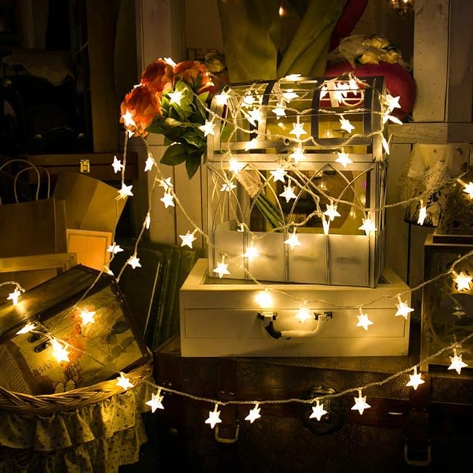 Party Propz Battery Powered Star Lights 10Pcs Decoration Items For Birthday,Indoor, Outdoor,Diwali, Navratri, Wedding, Christmas Tree, Wall, Garden Decorations, Warm, LED, 15 Meters, White