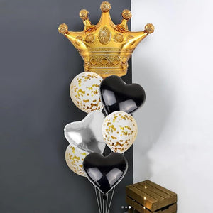 Party Propz Crown Foil Balloon - Big 7Pcs Black Heart Shape Balloons | Love Foil Balloons For Decoration | Romantic Decoration For Bedroom Items | Anniversary Decoration Items | Birthday Decoration