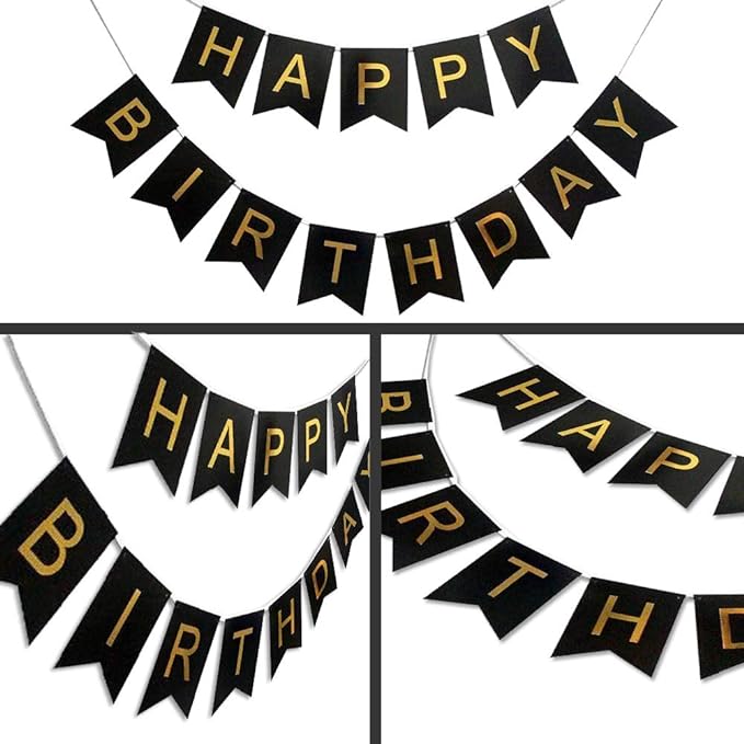 Party Propz Black and Gold Happy Birthday Banner Decoration For Boys, Girls, Boyfriend, Girlfriend, Husband,Kids Bday Celebrations,Bunting Tags,Flag Decorative Items Decor