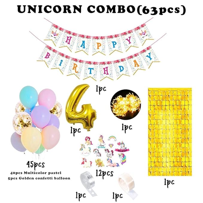 Party Propz Unicorn Theme 4th Birthday Decorations - 63Pcs, 4 Years Birthday Decorations for Baby Girl | 4th Birthday Decorations | Birthday Decorations kit for Girls | Baby Birthday Decoration Items