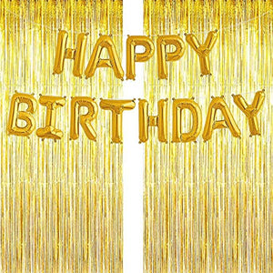 Party Propz 2Pcs Golden Foil Curtain with 1 Golden Happy Birthday Balloon for Birthday Decoration Items,Paper(Pack of 3)