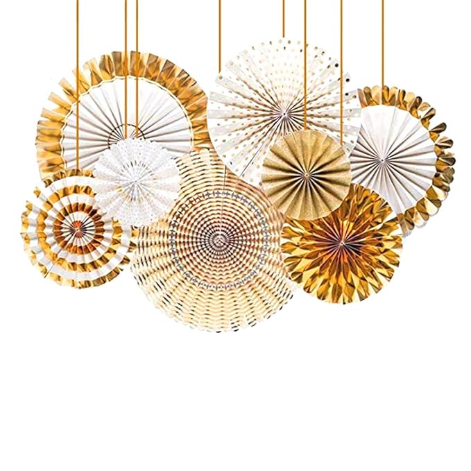 Party Propz Paper Fans Decoration Set- 8 Pcs Pack | Golden Paper Fans | Decorative Items For Party | Flower Hanging Fan | Paper Fan For Craft Golden | Anniversary, Wedding, Birthday Decoration Items