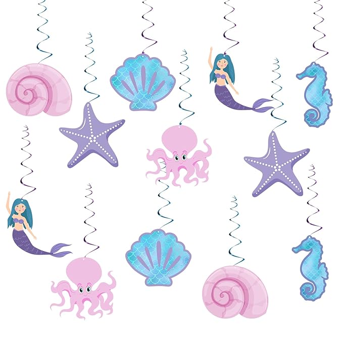 Party Propz Mermaid Theme Swirls - 12 Pcs, Ceiling Hanging Decoration | Swirls For Birthday Decoration | Wall Decoration | Mermaid Theme Birthday Decorations | Birthday Decoration Items (Cardstock)