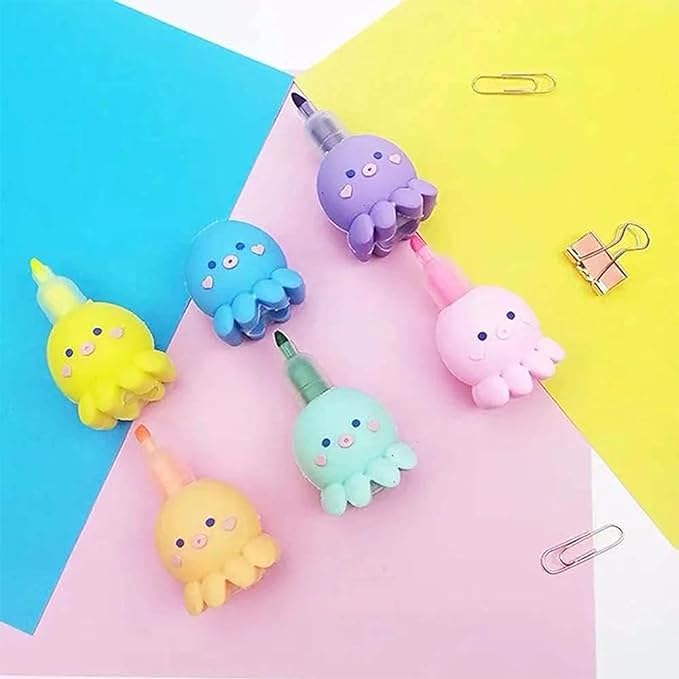 Party Propz Cute Highlighter for Kids - Set of 6 Highlighter Stationery | Pastel Highlighter Korean | Korean Highlighter Pen | Aesthetic Octopus Highlighter for Study | Cute Stationery for Girls