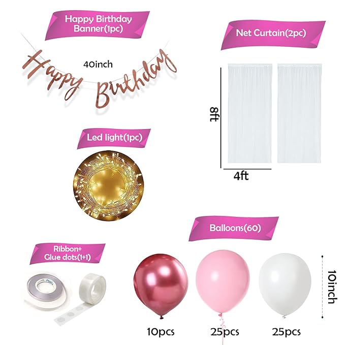 Party Propz Pink Theme Birthday Decorations For Girls - Combo Of 66pcs, Pink Balloons For Birthday Decoration | Birthday Decoration Items For Girl | Pink Balloons | Pink Theme Birthday Decorations