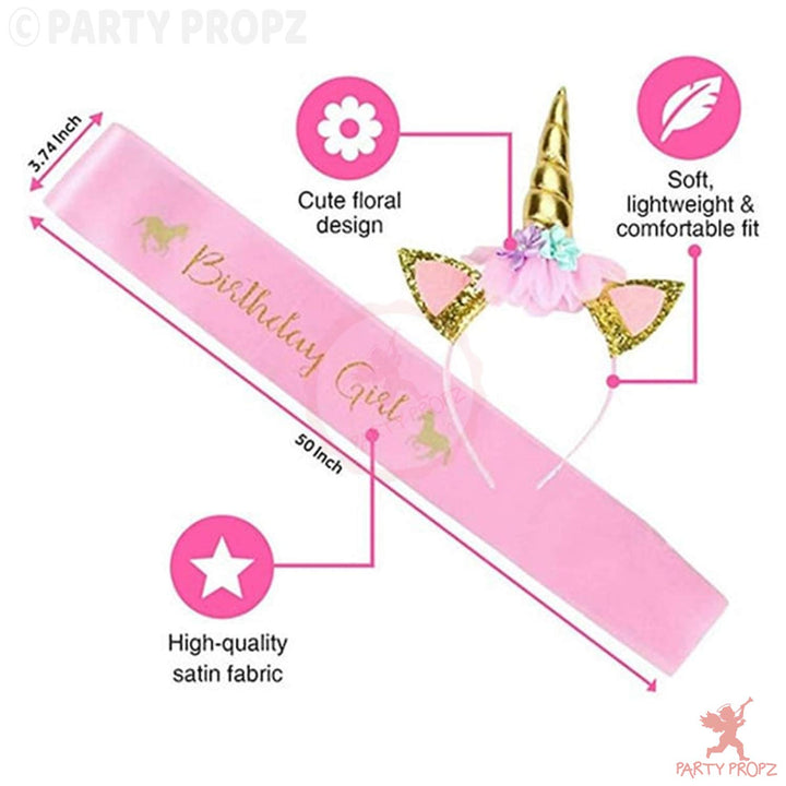 Party Propz Unicorn Birthday Girl Set - 2 Pcs Gold Unicorn Headband And Pink Satin Sash for Baby Girls | Unicorn Hair Band For Girls | Happy Birthday Girl Sash And Crown | Birthday Decoration Item