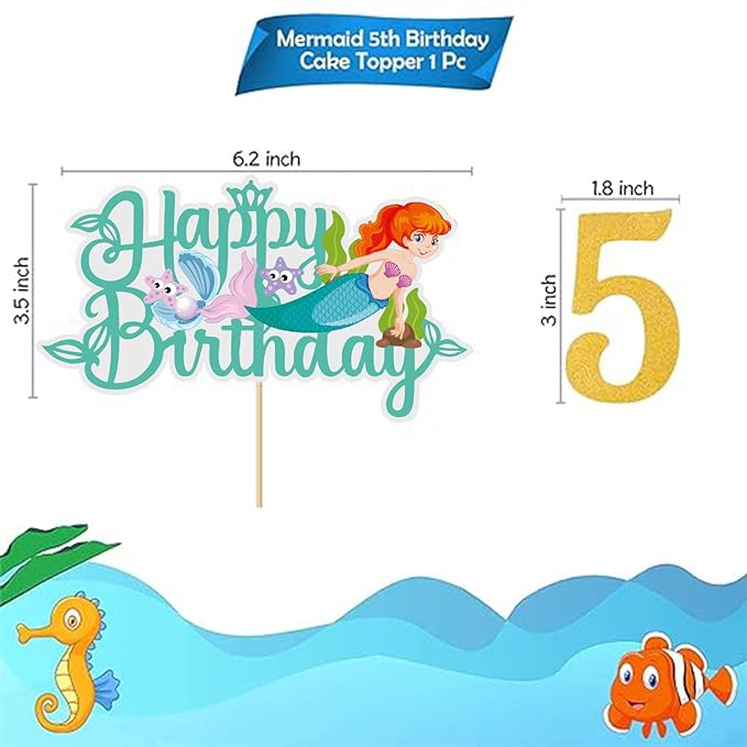 Party Propz Mermaid Cake Topper 5th Birthday - Mermaid Birthday Cake Topper | 5th Happy Birthday Cake Decoration | Cake Toppers | Cake Toppers Birthday for Girls | Cake Toppers for Cake Decoration