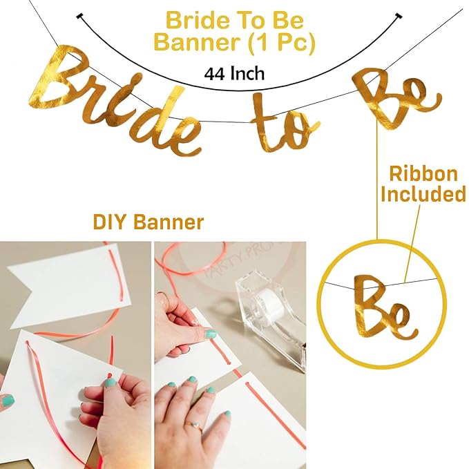 Party Propz Golden Bride To Be Decoration Set Combo - 69 Pcs Bachelorette Party Decorations | Bride To Be Sash And Crown | Spinster Party Decorations For Women | Bride To Be Banner (Cardstock)