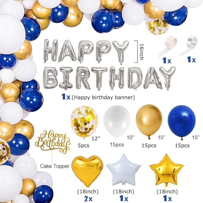 Party Propz Blue Happy Birthday Decoration Kit Combo 58pcs Banner (cardstock), Balloon, Confetti, Heart and Star Foil, Glitter Cake Topper For Boys, Husband, Adult,40th 50th 60th Party Supplies