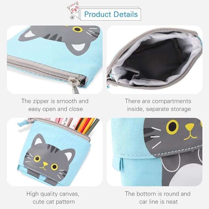 Party Propz Cute Cat Pencil Pouch for Boys -Blue Telescopic Stationery Pouch for Girls | Aesthetic Pencil Case for College Students | School Pouch for Boys Stylish Korean Bag | Japanese Stationery