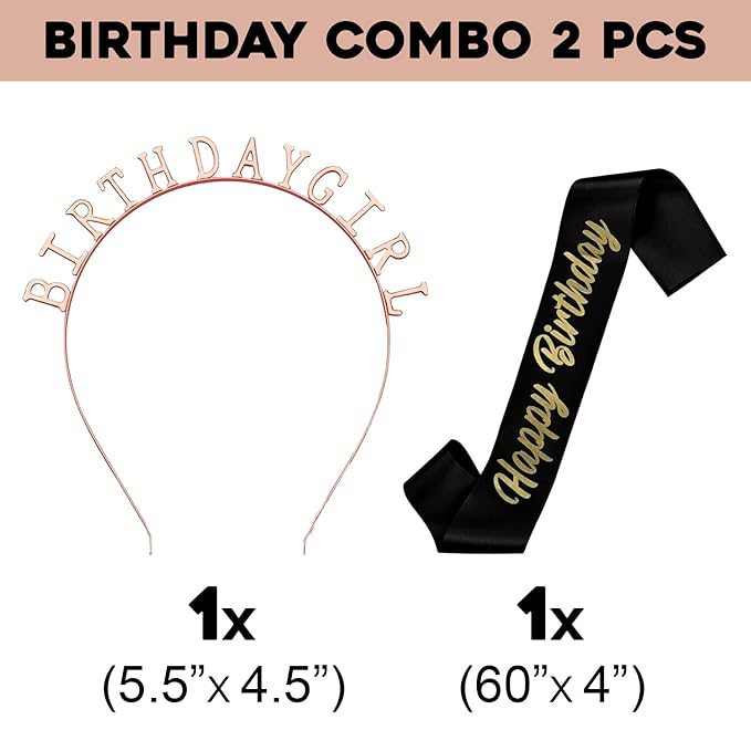 Party Propz Birthday Girl Sash And Crown - Set of 2 Birthday Girl Sash And Tiara | Rose Gold Crown For Birthday Girl | Black Happy Birthday Sash for Girls | Birthday Decoration Items for Girls, Women