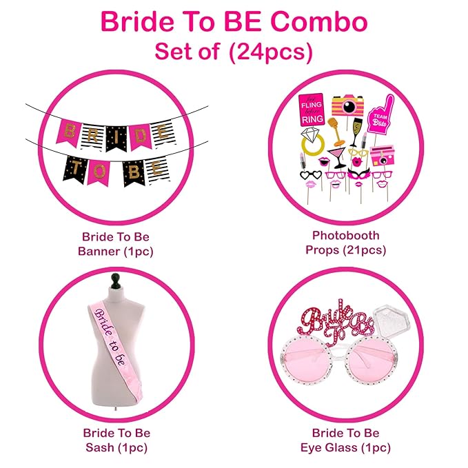 Party Propz Bride To Be Decoration Set Combo - 24 Pcs Bachelorette Party Decorations | Bridal Shower Decorations Kit | Bride To Be Props For Bachelorette Party | Bride To Be Sash | Bride To Be Banner