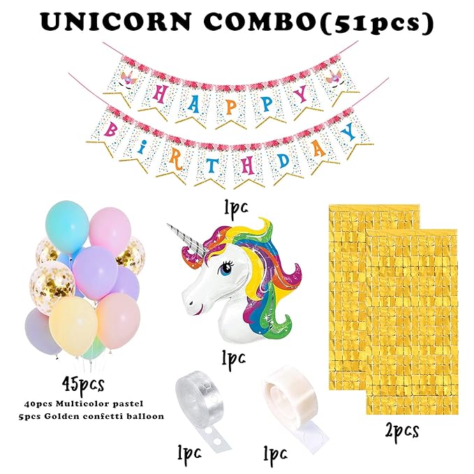 Party Propz Unicorn Birthday Decorations For Girls - 51 Pcs, Happy Birthday Decoration Items For Girls, Kids|Unicorn Theme Birthday Decoration Kit|Metallic, Foil Balloons For Decoration With Curtain