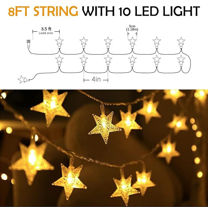 Party Propz Battery Powered Star Lights 10Pcs Decoration Items For Birthday,Indoor, Outdoor,Diwali, Navratri, Wedding, Christmas Tree, Wall, Garden Decorations, Warm, LED, 15 Meters, White