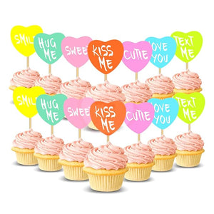 Party Propz Birthday Cake Decorations - 14pcs Multicolor Heart Shaped Toppers | Kiss Me, Cutie, Love You, Cupcake Toppers For Cake | Anniversary Decoration Items | Cake Toppers For Cake Decoration