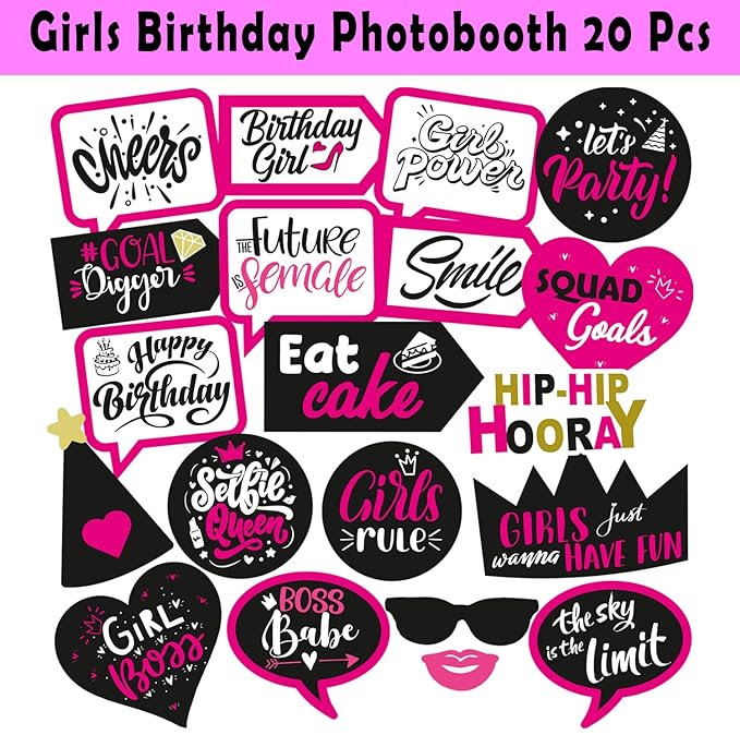 Party Propz Girls Birthday Photo Booth Props 20pcs Set with Cheers Lips Fun mask Hats Love Crown Prop for Girls Kids Selfie photobooth;Birthdays Parties Items Decorations- Pink