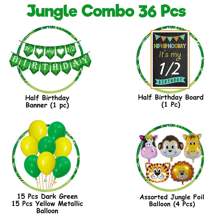 Party Propz Jungle Theme Half Birthday Decorations Combo Set Hawaiian Animals Safari Forest Half Birthday Bunting, Balloons, Foil Balloons, Half Birthday Board For Boys (Green) - 36 Pieces