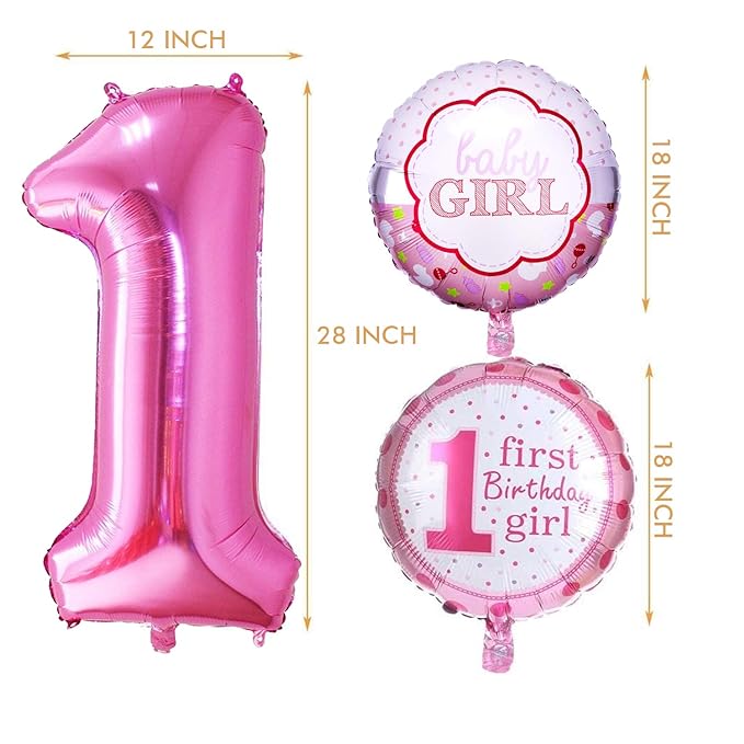 Party Propz Rubber Girls First Birthday Balloons Decorations Items Combo 5pcs for Baby Girl 1st Bday Decor/1st Birth Day Party Decor, Photo Booth Backdrop Decoration Materials - Pink, White