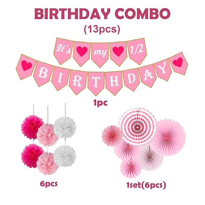 Party Propz Half Birthday Decoration for Baby Girls- Set of 13Pcs | Half Year Birthday Decorations for Girls | 1/2 Birthday Decorations for Girls | 6 Month Birthday Decorations for Girls