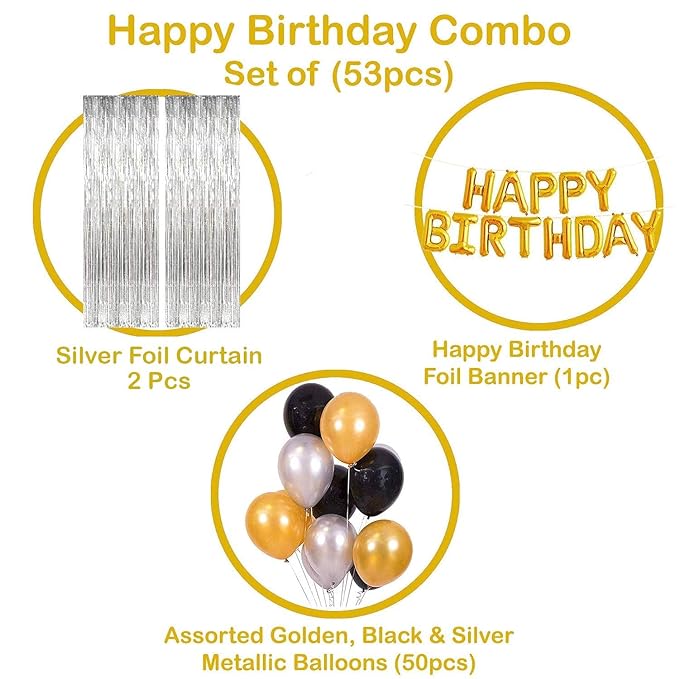 Party Propz Birthday Decoration Kit- 53Pcs Birthday Decoration Items | Golden, Black, Silver Balloons | Happy Birthday Decoration | Birthday Decoration Items for Boy | Birthday Foil Banner (cardstock)