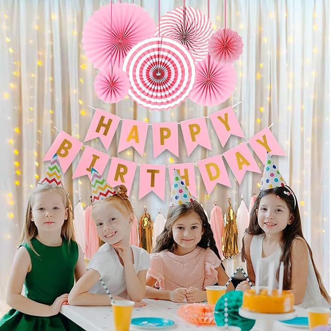Party Propz Pink Birthday Decoration Items for Girl -25Pcs Happy Birthday Decoration | White Net Curtain for Birthday Decoration with Lights | Paper Fan Decoration Set| Happy Birthday Banner for Girls