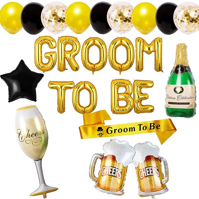 Party Propz Groom to Be Decoration Set Combo -16Pcs Set Groom to Be Balloon, Champagne & Cheers Foil, Metallic Balloons and Yellow Sash for Bachelorette Party Decorations, Groom to be decoration Items