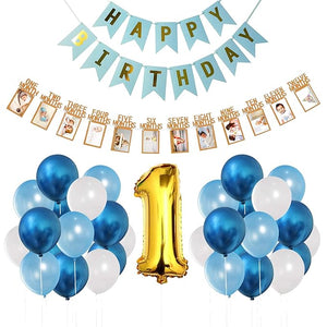 Party Propz 1st Birthday Decoration for Boys - Set of 33 Pcs Happy Birthday Banner(cardstock) | 12 Months Photo Banner(cardstock) for Birthday | No 1 Golden Foil Balloon | Blue Birthday Decorations