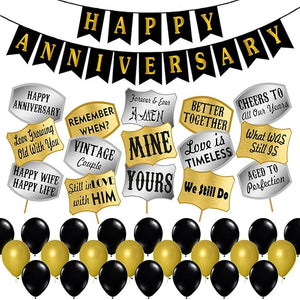 Party Propz Happy Anniversary Decoration Items Kit - 44Pcs With Anniversary Banner, Photo Booth Props, Black & Golden Metallic Balloons - Decorate Home Or Room For Husband / Wife in 1st, 25th,50th