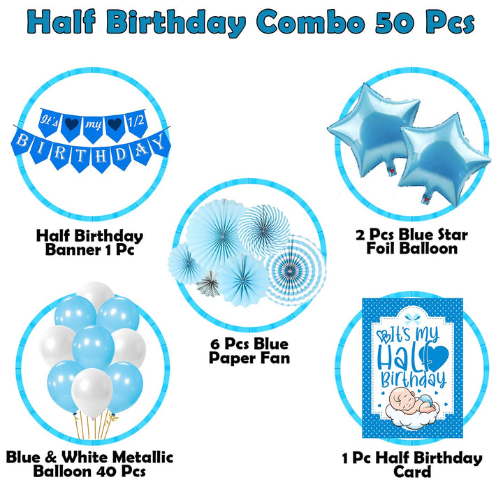 Party Propz Its My Half Birthday Decorations Set With Blue Paper Fan, Blue Star Foil & Half Birthday Card For Baby Boys / Half Birthday Decoration For Boys