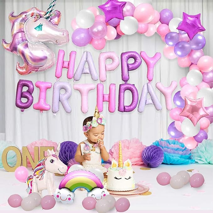 Party Propz Unicorn Birthday Decorations Balloons Combo Set with Foil Letters Banner (cardstock)s Balloon, Latex, 4D Unicorn, Set For Girls/Photoshoot Ideas/1st Baby Bday- Multicolor - 51 Pieces