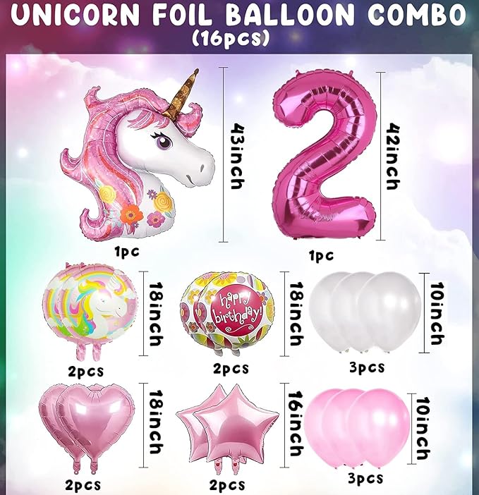 Party Propz Unicorn Theme Birthday Decorations Items Combo Set 16Pcs-2nd Birthday Party Decorations for Girls, material foil, latex(pink)