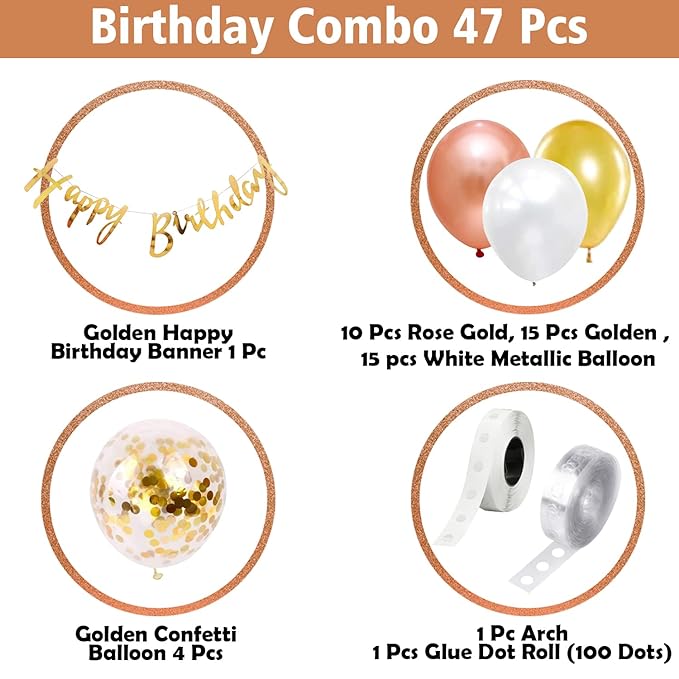 Party Propz Rose Gold Birthday Decoration Items Combo Set For Girls Kids Wife - Happy Birthday Banner, Metallic Balloons, Glue Dot,Arch Strip, For Birthday Decorations Celebrations - 47Pcs